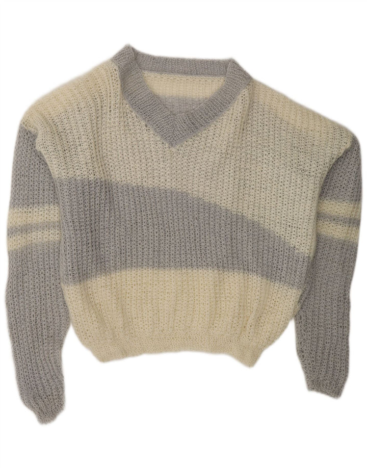 ВИНТАЖНЫЙ женский джемпер с v-образным вырезом UK 20 2XL Off White Color Block