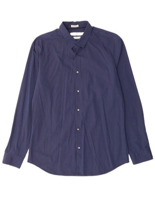 Мужская рубашка CALVIN KLEIN, размер 15 15 1/2, средний темно-синий в тонкую полоску, хлопок