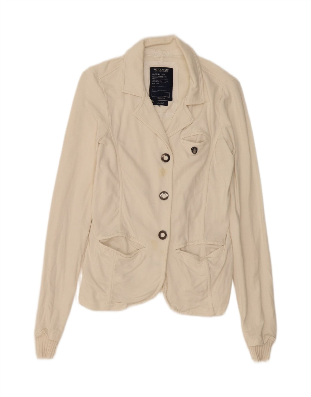 WOOLRICH Womens 3 Button Blazer Jacket UK 10 Small Off White Cotton