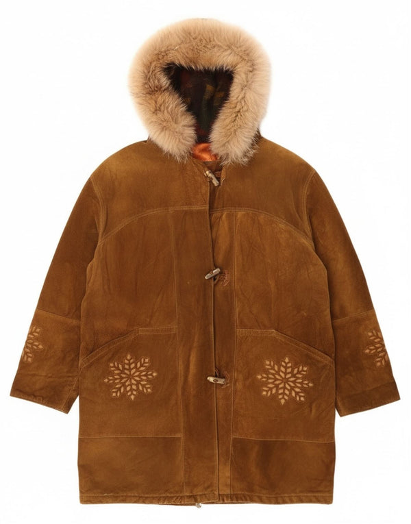 Винтажный женский дафлкот оверсайз с капюшоном UK 14, большой коричневый цвет Fair Isle