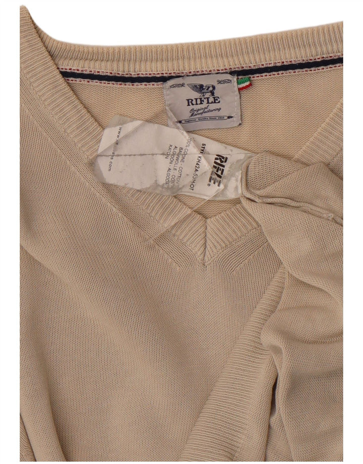 RIFLE Mens V-Neck Jumper Sweater Medium Beige Cotton