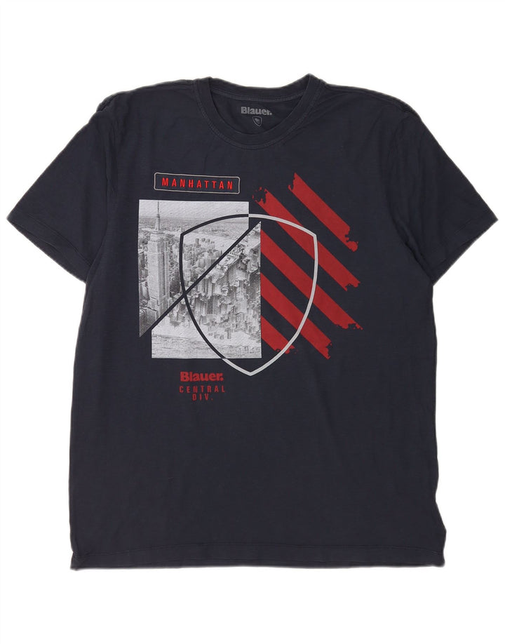 Мужская футболка с рисунком Blauer, XL, темно-синяя, хлопок