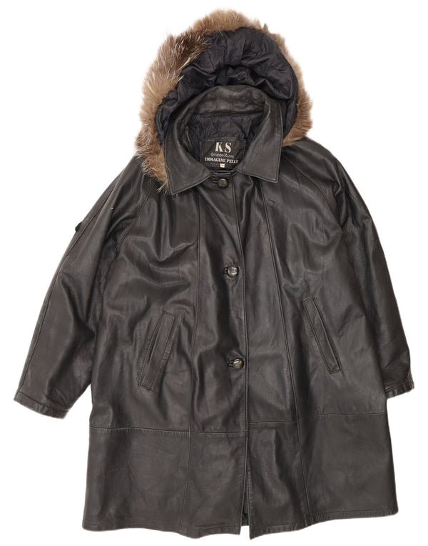 Kiros Женское кожаное пальто оверсайз с капюшоном IT 48 XL Черное