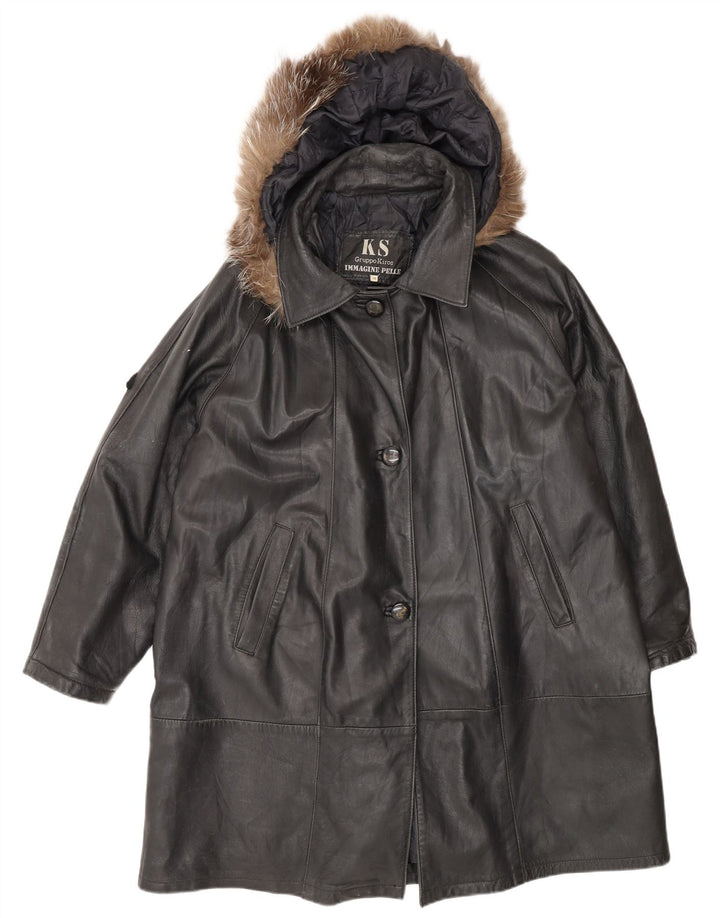 Kiros Женское кожаное пальто оверсайз с капюшоном IT 48 XL Черное