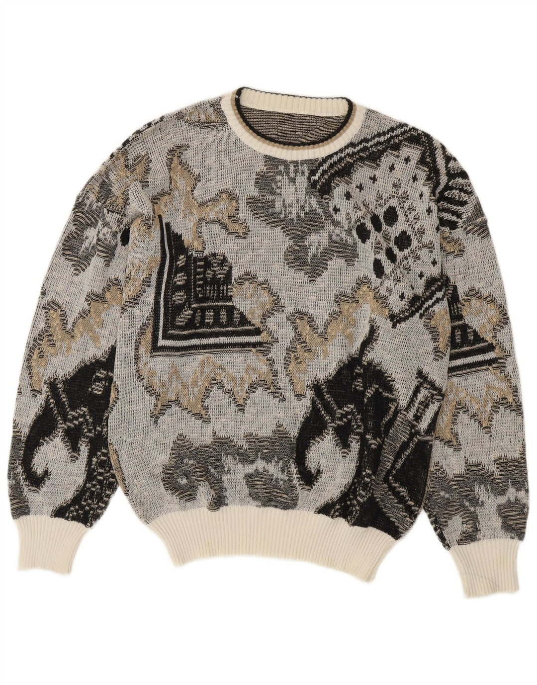 Винтажный мужской джемпер с круглым вырезом, хлопковый свитер среднего серого цвета с геометрическим рисунком