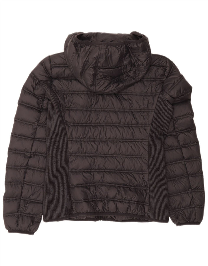 Винтажная женская стеганая куртка с капюшоном UK 12, средний серый цвет с цветными блоками, полиамид