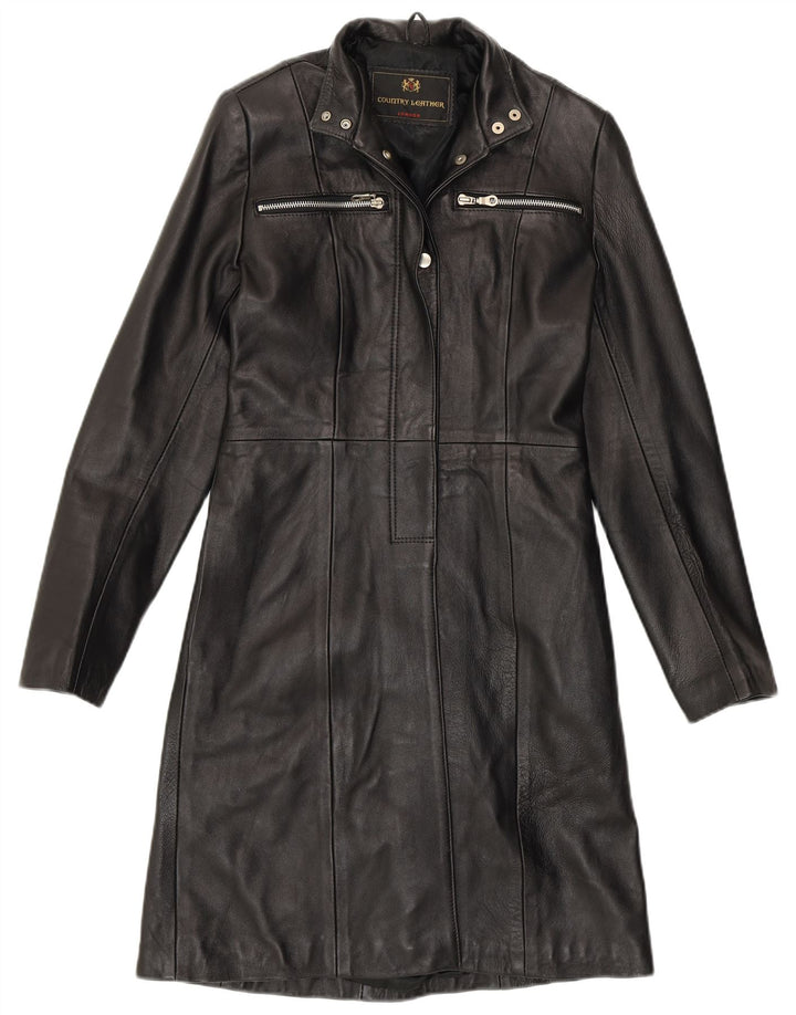 ВИНТАЖНОЕ женское кожаное пальто UK 8 маленькое черное кожаное