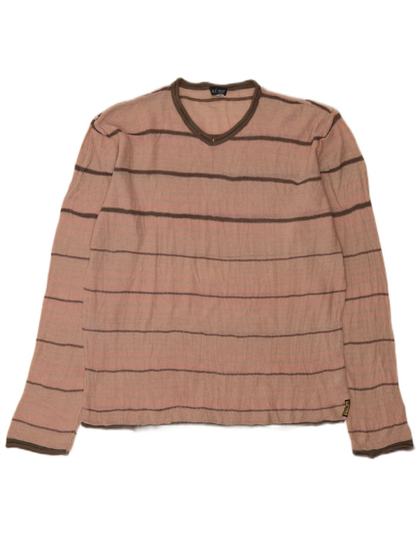 Armani Jeans Mens V-Neck Jumper Sweater 2XL Pink Striped