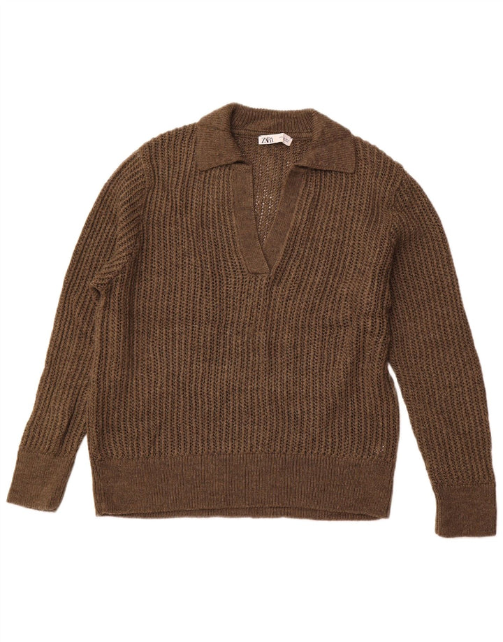 Женский свитер с воротником поло ZARA UK 18 XL, коричневый акрил
