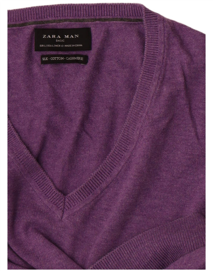 Мужской джемпер с v-образным вырезом Zara, большой фиолетовый хлопковый свитер