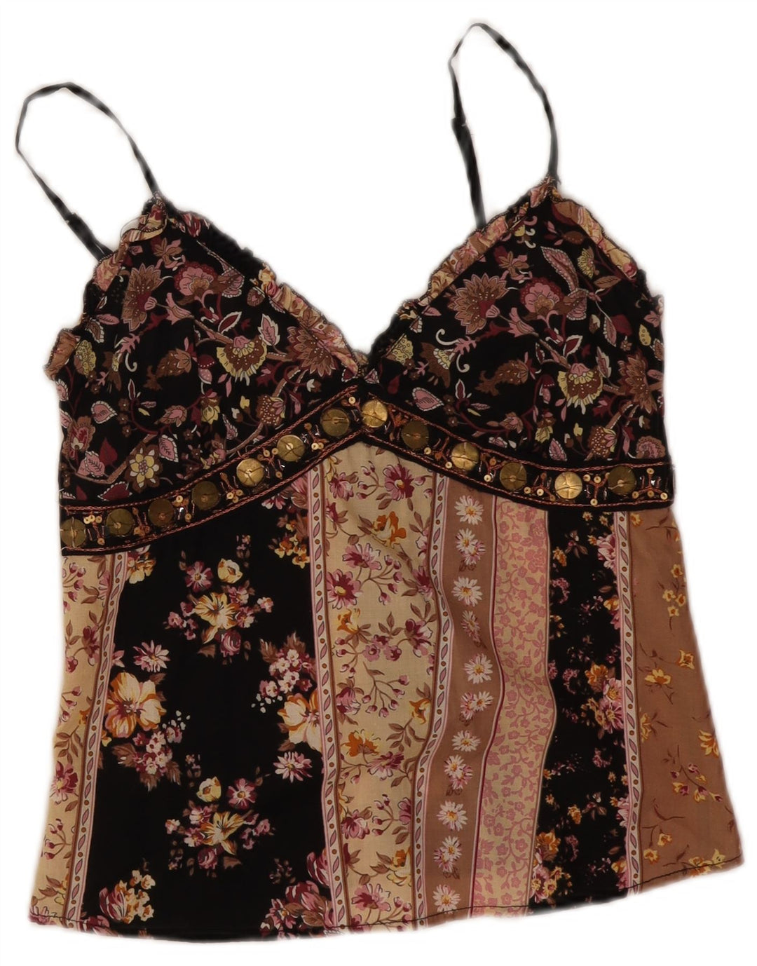 Винтажный женский укороченный топ на бретельках UK 8, маленький черный цветочный принт