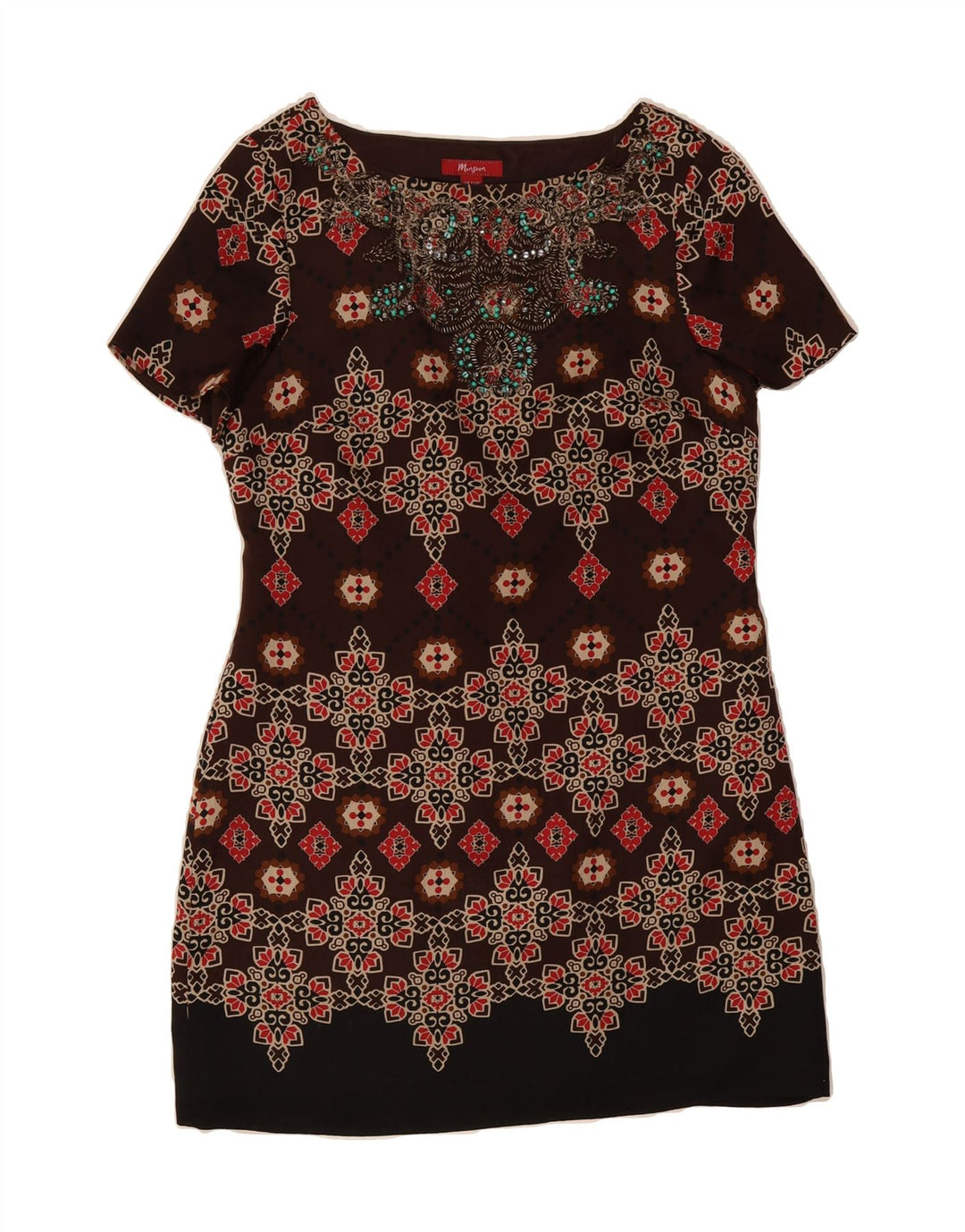 MONSOON Womens Basic Dress UK 12 Medium  Brown Geometric Silk Vintage Monsoon and Second-Hand Monsoon from Messina Hembry 