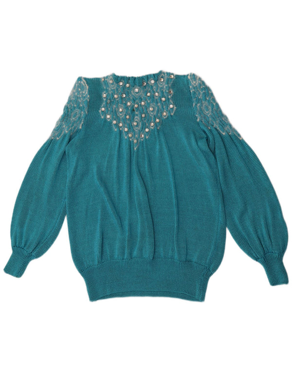 Винтажный женский джемпер с круглым вырезом и абстрактным узором, Великобритания, 14, большой синий цвет