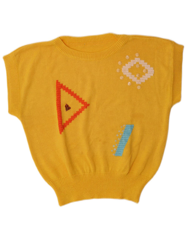 Винтажный женский джемпер с вырезом «лодочка», Великобритания, 14, большой желтый с геометрическим рисунком