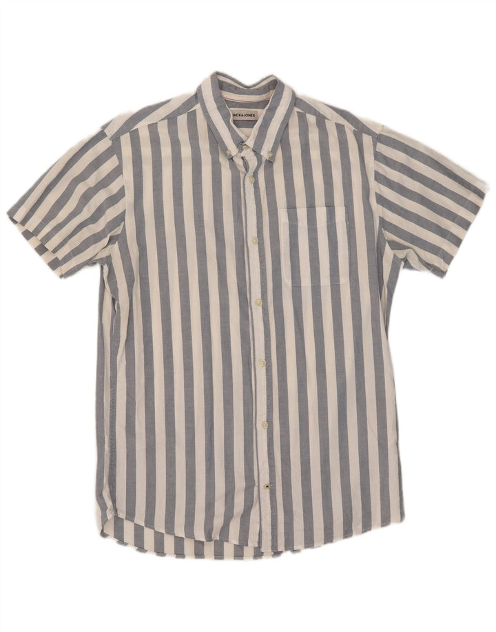 Мужская рубашка с коротким рукавом Jack & Jones из хлопка средней синей полоски