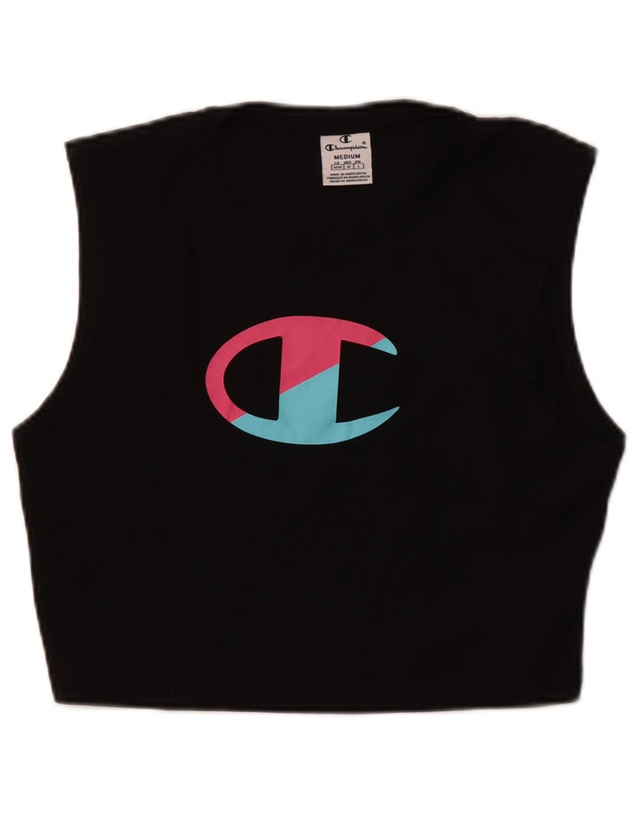 CHAMPION Womens Crop Graphic Vest Top UK 12 Medium Black Cotton