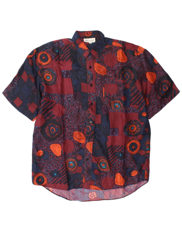 Винтажная мужская рубашка с коротким рукавом, средний разноцветный шелк с геометрическим рисунком