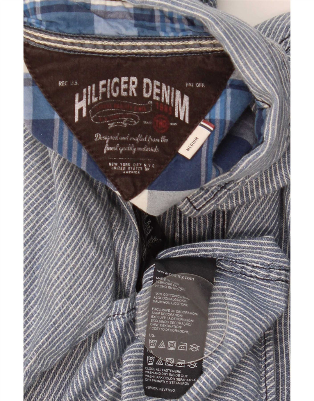 Мужская рубашка Tommy Hilfiger среднего размера, темно-синяя, хлопковая в тонкую полоску