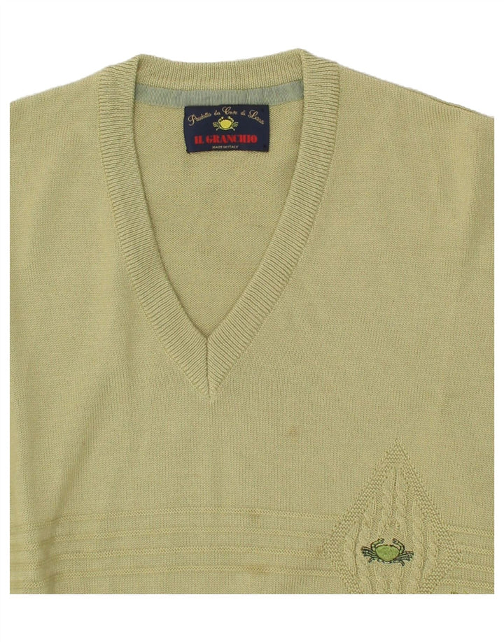 IL GRANCHIO Mens V-Neck Jumper Sweater Medium Khaki Wool | Vintage Il Granchio | Thrift | Second-Hand Il Granchio | Used Clothing | Messina Hembry 