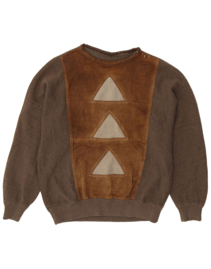 ВИНТАЖНЫЙ мужской джемпер на пуговицах, большой коричневый шерстяной свитер с геометрическим узором