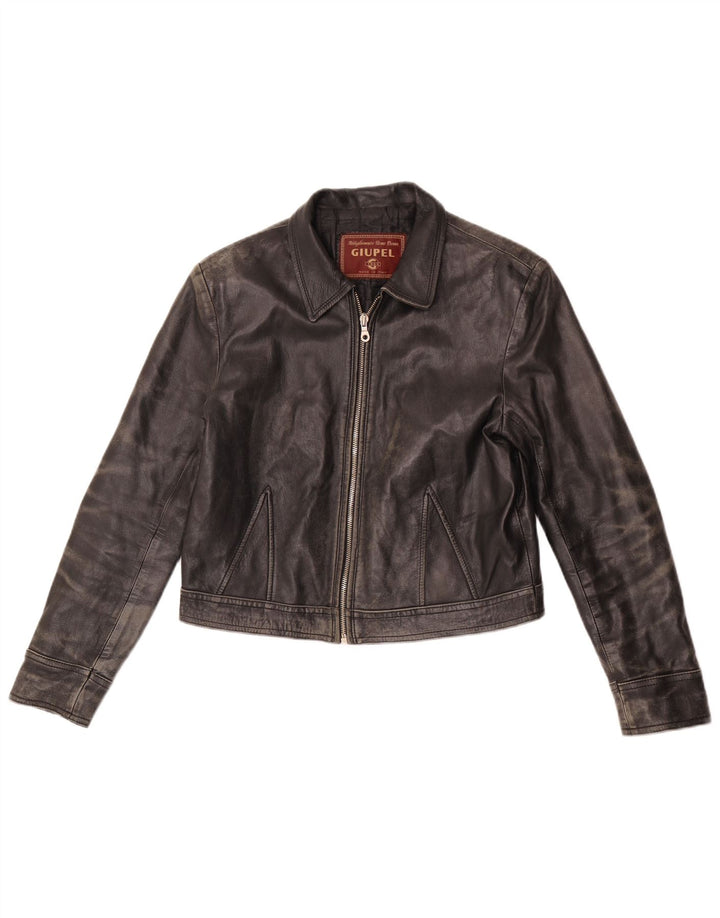 Винтажная женская укороченная кожаная куртка UK 14, кожа среднего черного цвета