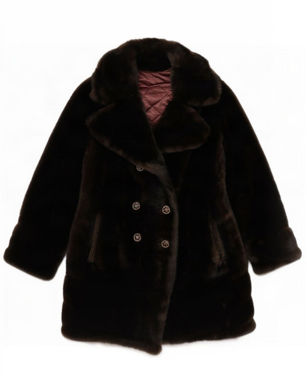 Vintage Womens Faux Fur Double Breasted Coat UK 10 Small Brown