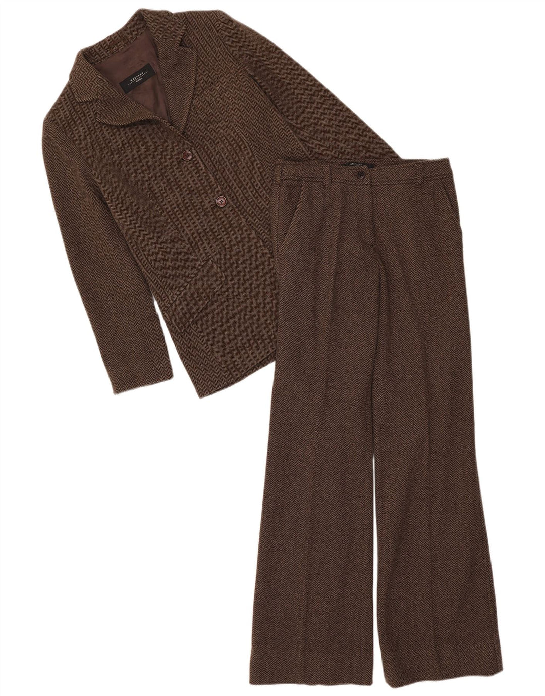 Max Mara Женский костюм выходного дня из 2 предметов, Великобритания, 8, маленький W28 L33, коричневый с рисунком «елочка»