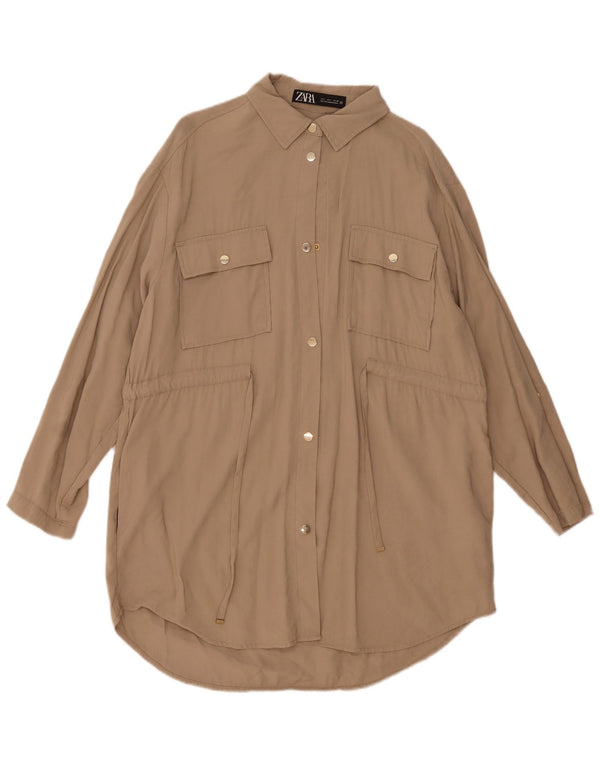 Женское платье-рубашка оверсайз Zara UK 16, большое, бежевое, вискоза