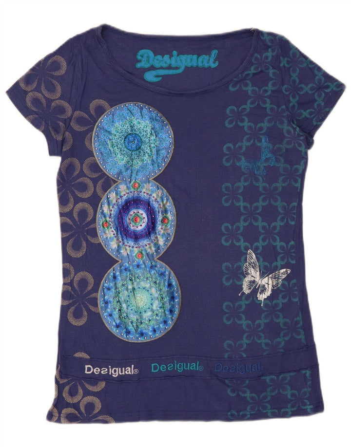 Женская футболка с рисунком DESIGUAL Top UK 12 Medium Navy Blue с цветочным принтом
