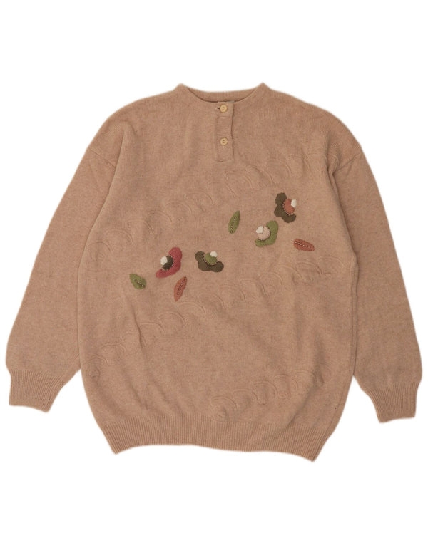 VINTAGE Womens Button Neck Jumper Sweater UK 14 Medium Beige Floral