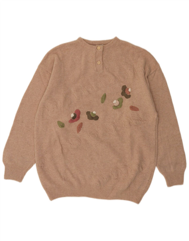 ВИНТАЖНЫЙ женский джемпер с воротником на пуговицах, Великобритания 14, средний бежевый с цветочным принтом