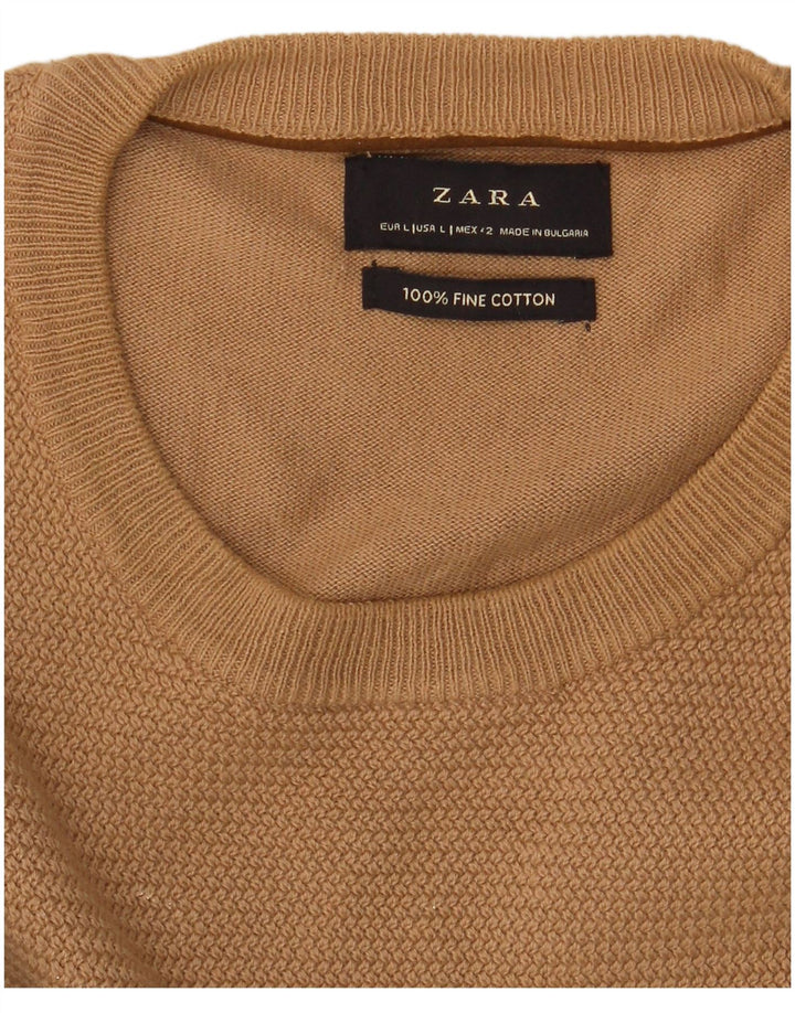 Мужской джемпер с круглым вырезом Zara, большой бежевый, хлопковый