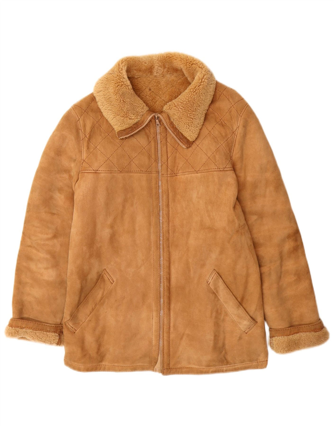 Винтажная женская короткая дубленка IT 46, большая, бежевая кожаная