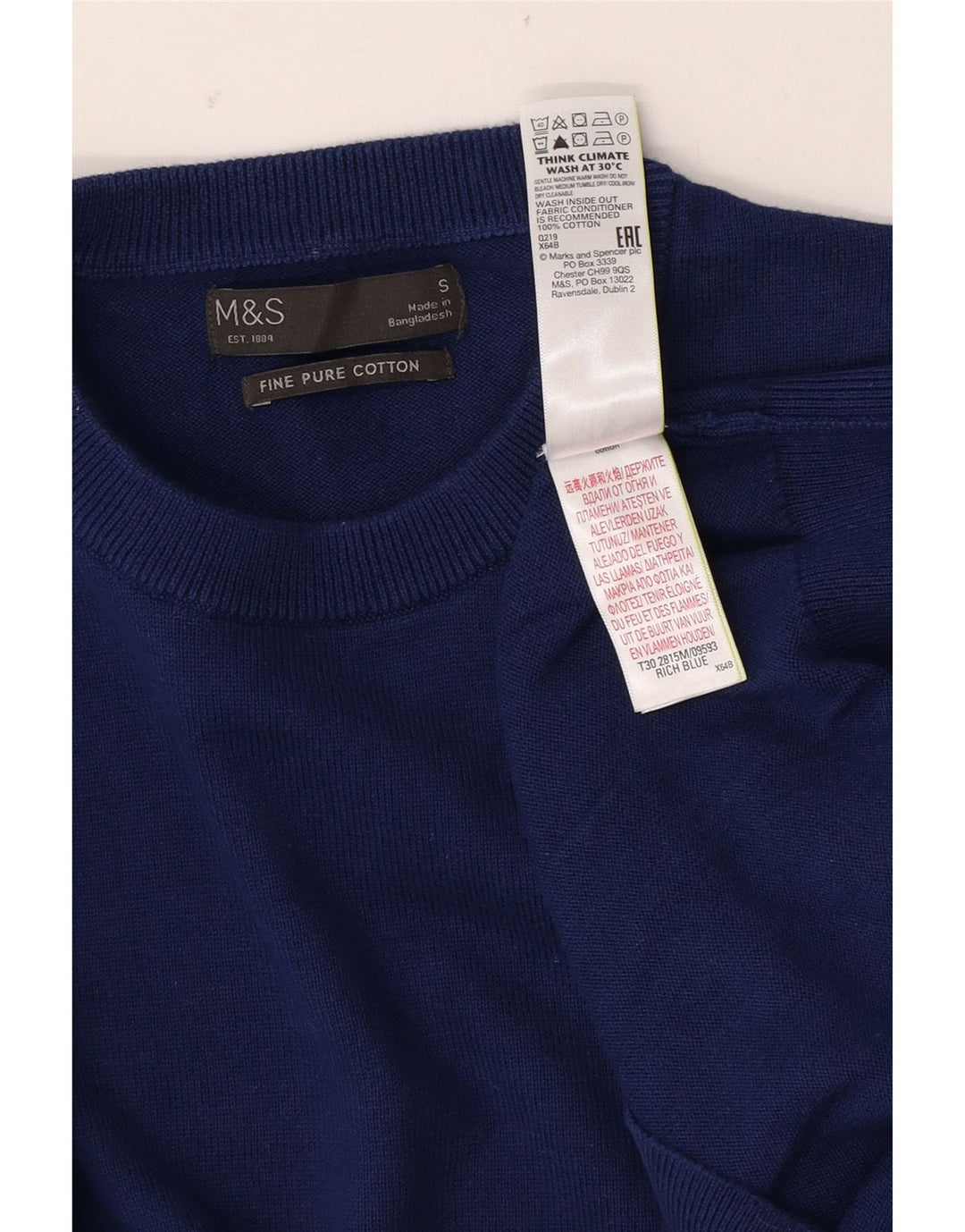 Мужской джемпер с круглым вырезом Marks & Spencer, маленький синий хлопковый свитер
