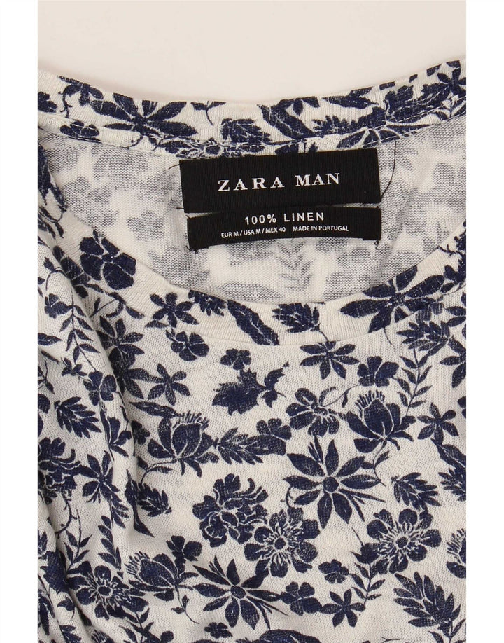 Мужская футболка Zara из льна среднего размера белого цвета с цветочным принтом