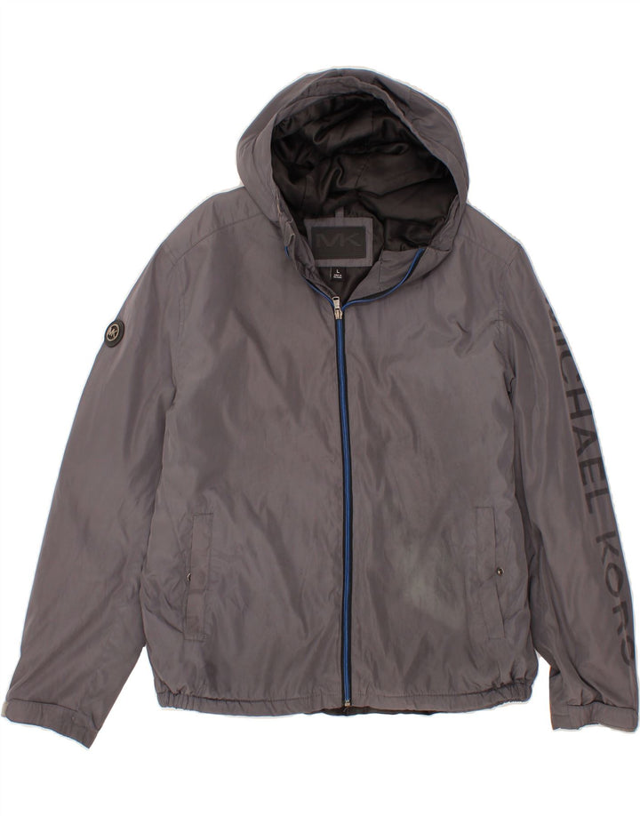 MICHAEL KORS Womens Oversized Graphic Hooded Rain Jacket UK 16 Large Grey Vintage Michael Kors and Second-Hand Michael Kors from Messina Hembry 