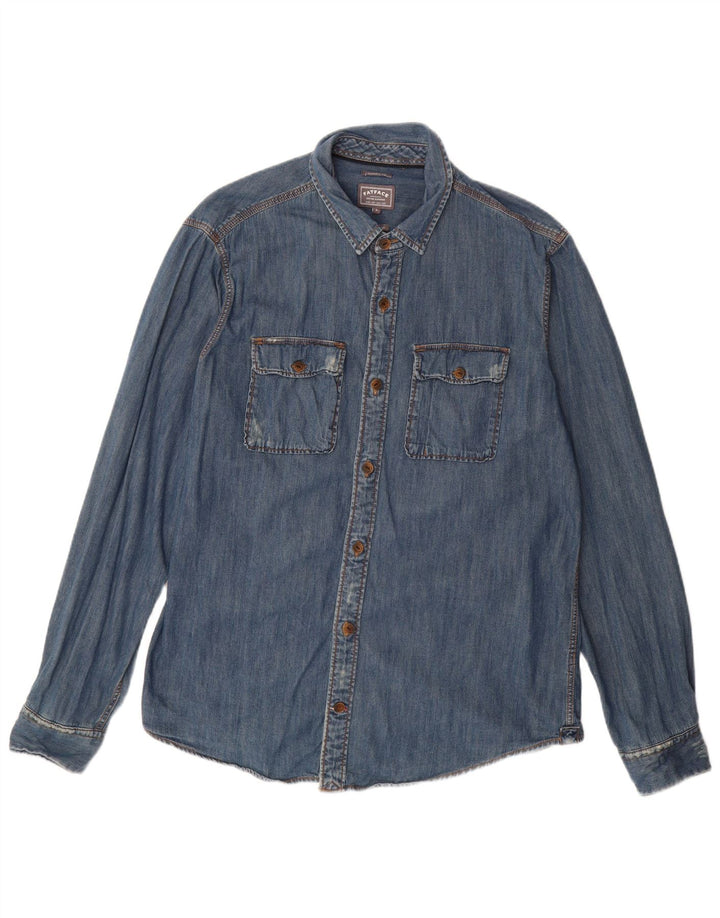 FAT FACE Мужская классическая джинсовая рубашка с потертостями, большой синий хлопок
