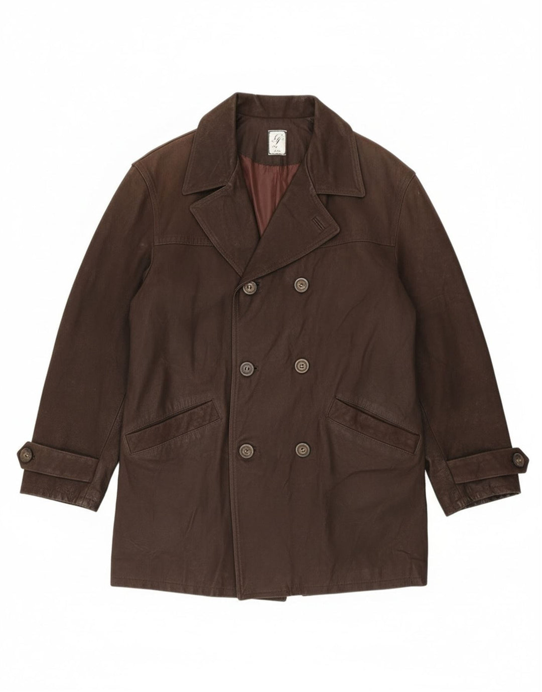 Винтажное мужское двубортное кожаное пальто IT 54 2XL Коричневое кожаное