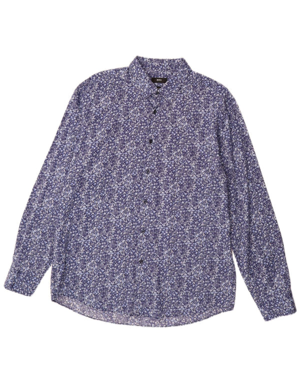 Мужская рубашка обычного кроя Hugo Boss, размер 43 17 XL, синяя хлопковая рубашка с цветочным принтом