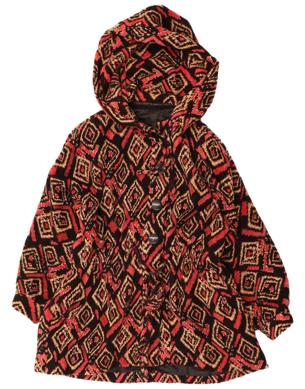 VINTAGE Womens Hooded Overcoat UK 20 2XL Black Ikat