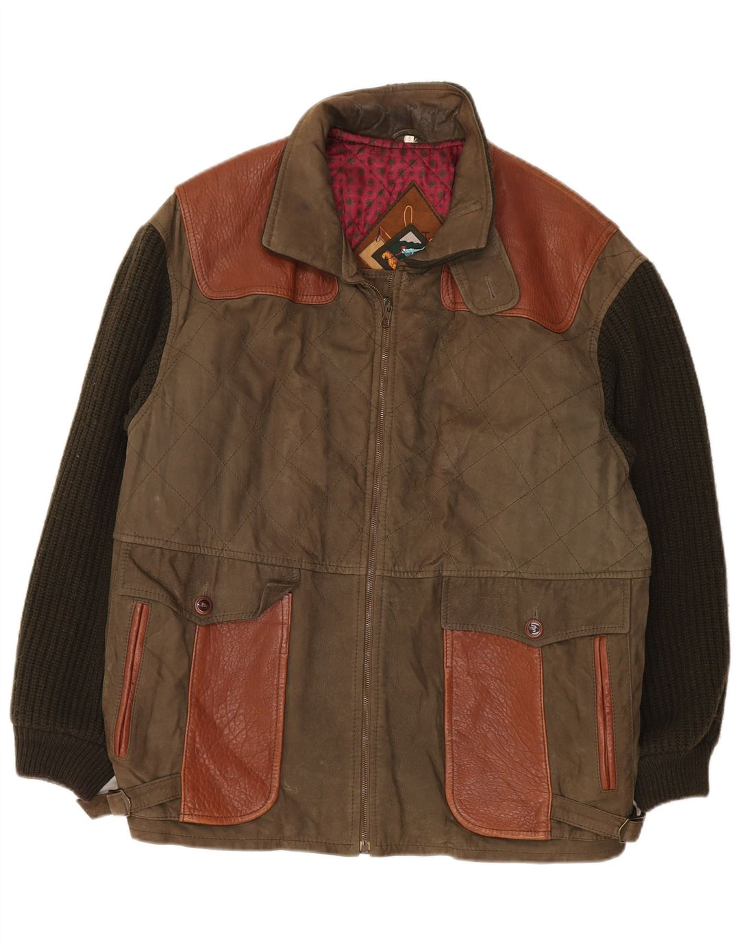 Винтажная мужская вязаная кожаная куртка UK 42 XL, цвет хаки, классика с цветными блоками