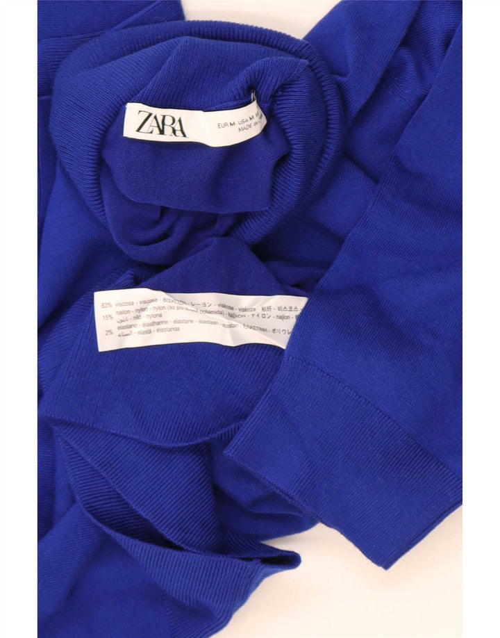 Женский джемпер с коротким рукавом Zara с высоким воротником, Великобритания 12, средний синий вискоза