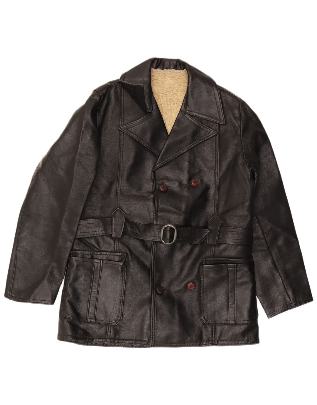 Винтажная мужская двубортная кожаная куртка UK 36 маленькая черная кожаная