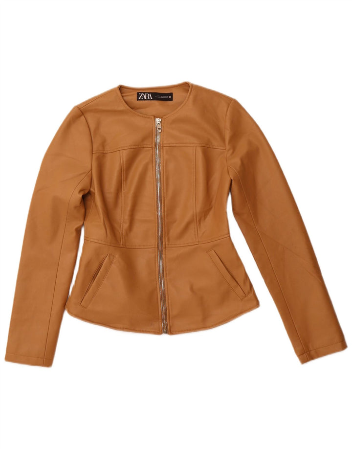 Женская укороченная куртка из искусственной кожи Zara UK 10, маленькая, бежевый, полиэстер