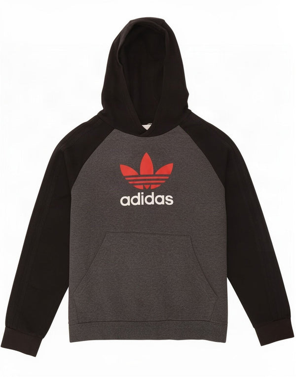 Adidas Boys Graphic Hoodie Jumper 13-14 Years Grey Colourblock Cotton