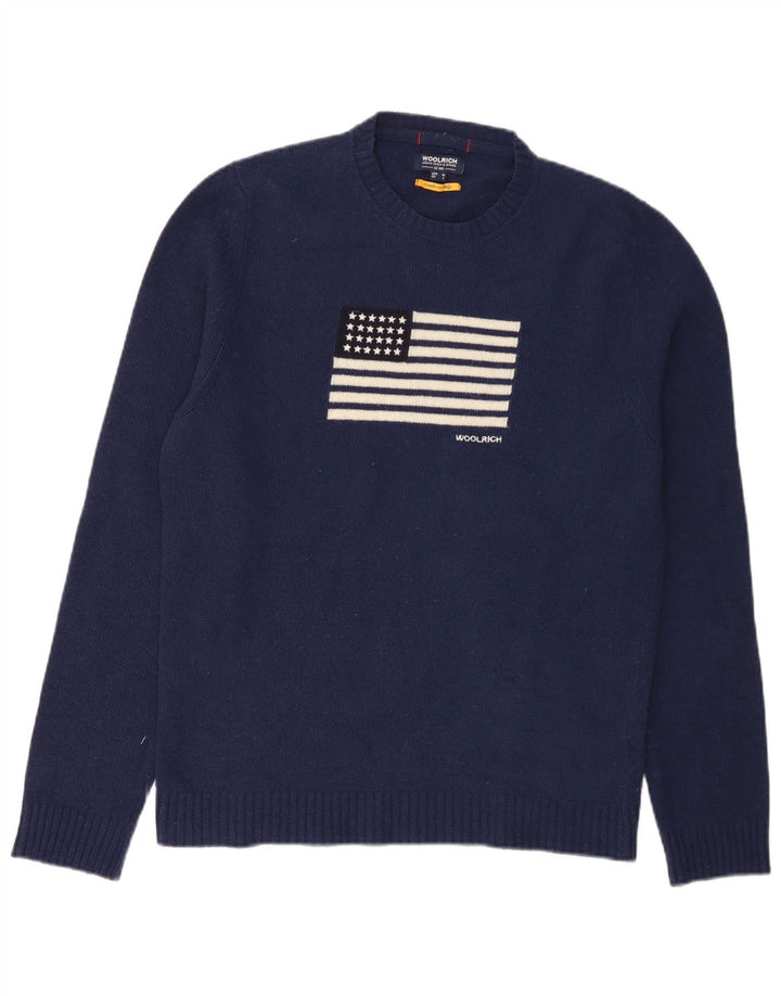 Мужской джемпер Woolrich с круглым вырезом и графикой, средний темно-синий шерстяной свитер США