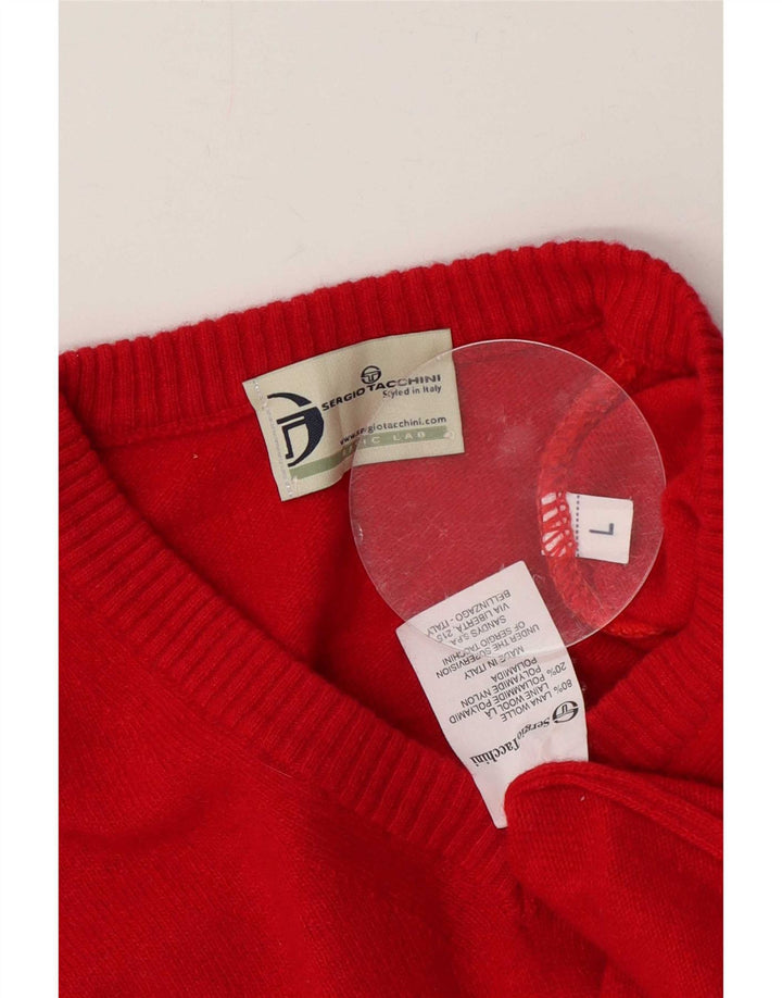 Sergio Tacchini Мужской джемпер с V-образным вырезом, большой красный шерстяной свитер