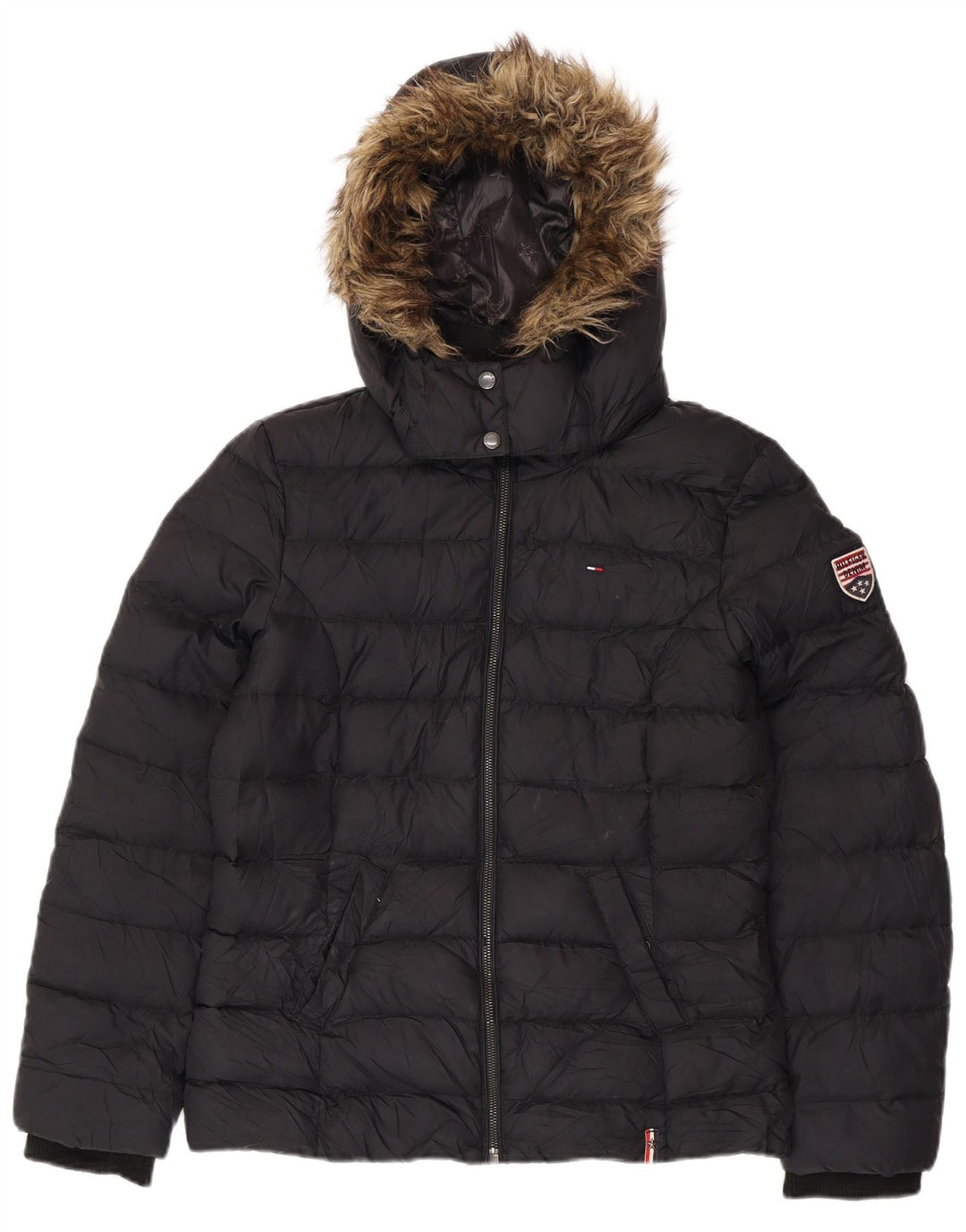 TOMMY HILFIGER Женская стеганая куртка с капюшоном UK 16, большая черная полиэстер