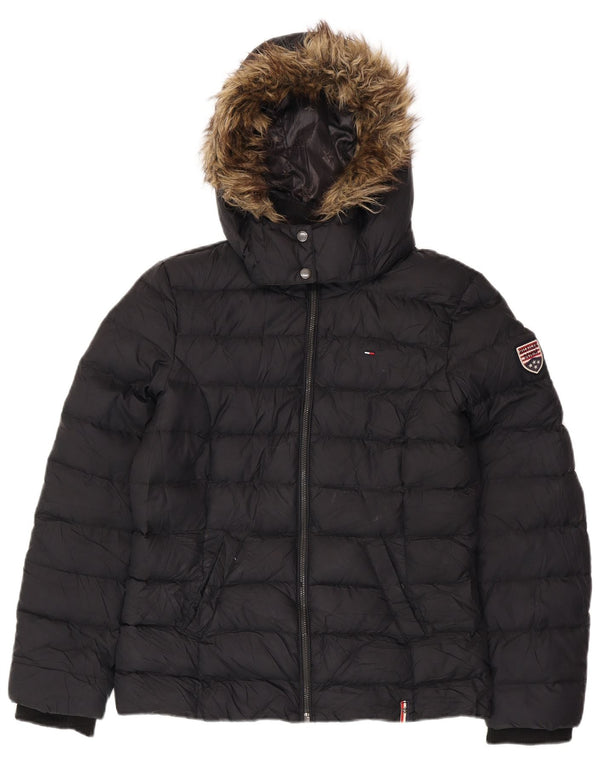 TOMMY HILFIGER Женская стеганая куртка с капюшоном UK 16, большая черная полиэстер