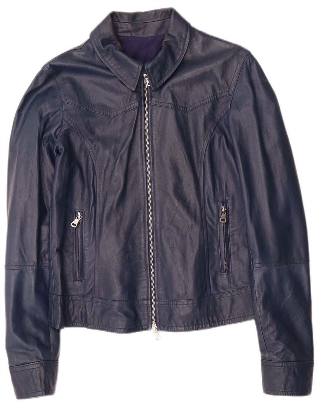 Винтажная женская укороченная кожаная куртка UK 14, большая темно-синяя кожаная